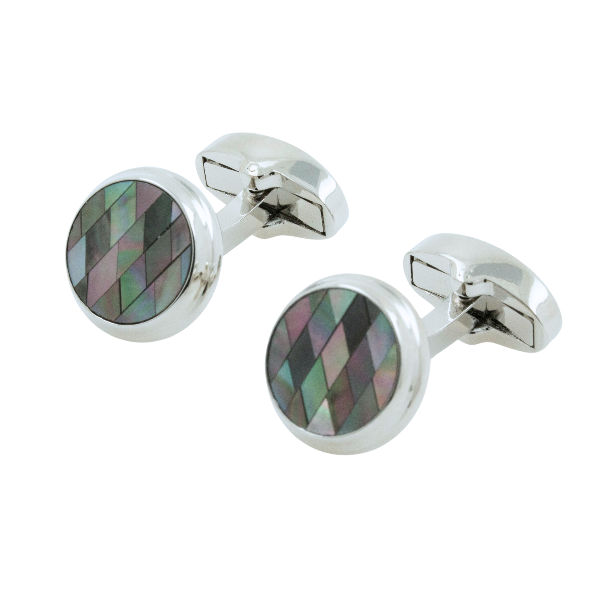 Black Diamond Mosaic Mother of Pearl in Round Silver Cufflinks