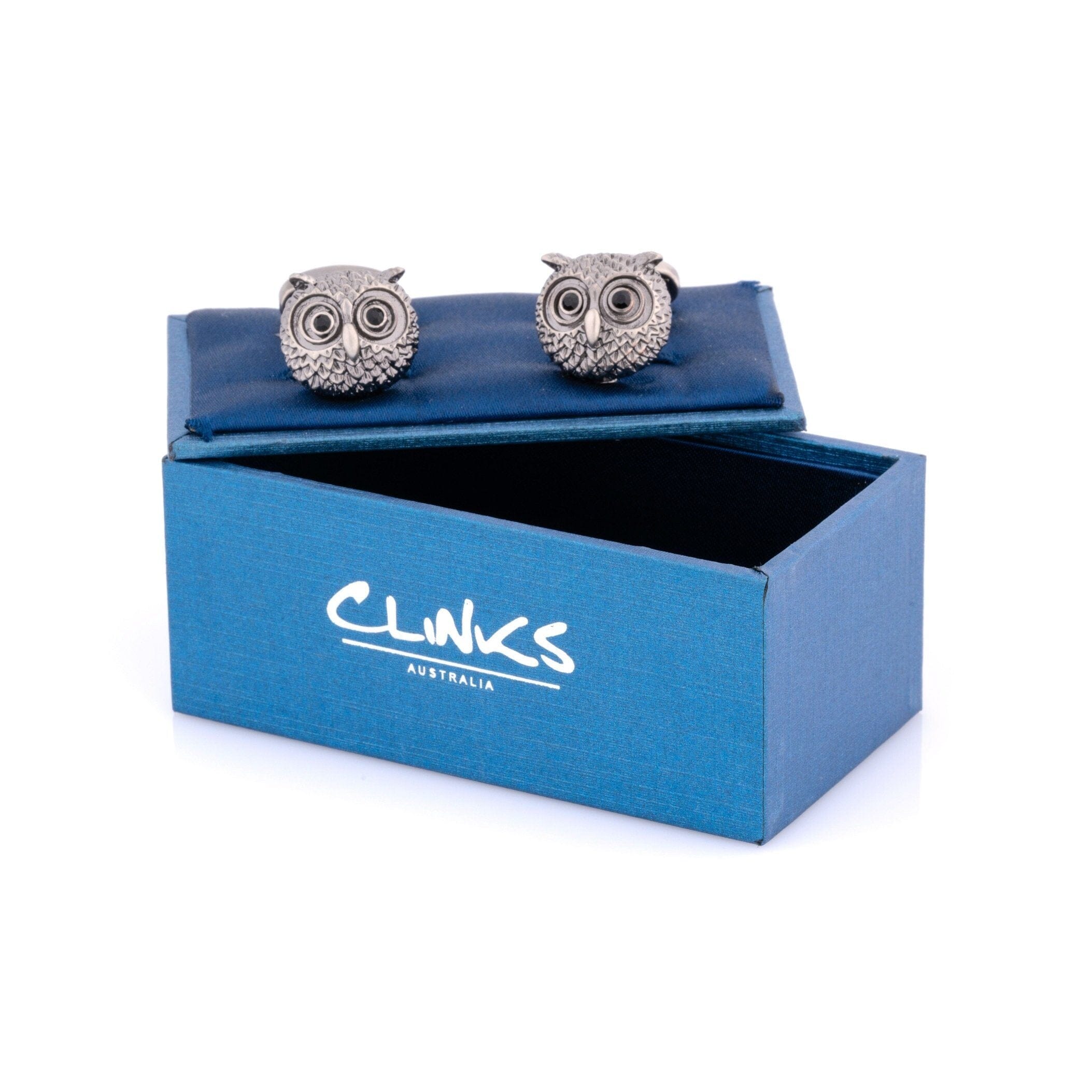 Silver Textured Owl Head Cufflinks with Black Crystal Eyes Novelty Cufflinks Clinks Australia 