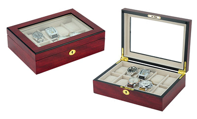 Cherry Wooden Watch Box, 10 Watch Box, Cuffed Watch Box, Clinks Australia Watch Box, Cherry Watch Boxes on Cuffed, Australia Watch Box, Watch Storage Box, Watch Display Box, 10 Slots Watch Box, Watch Boxes for 10, Cherry Watch Box, Wooden Watch Box, Cherry, Watch Boxes, CB5001, Clinks.com