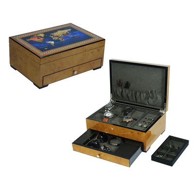 World Map 2-drawer Burl Wooden Watch Box for 8 Watches + Jewellery