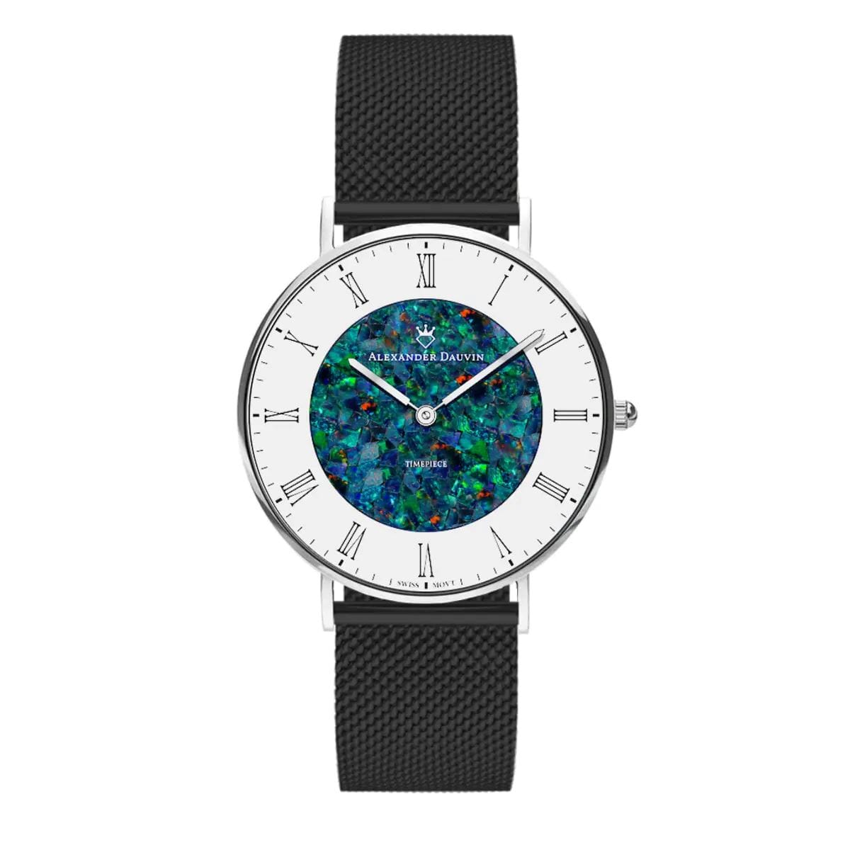 Romano Cliff Red Swiss Opal Watch 36MM with Black Mesh Strap Watches Clinks 