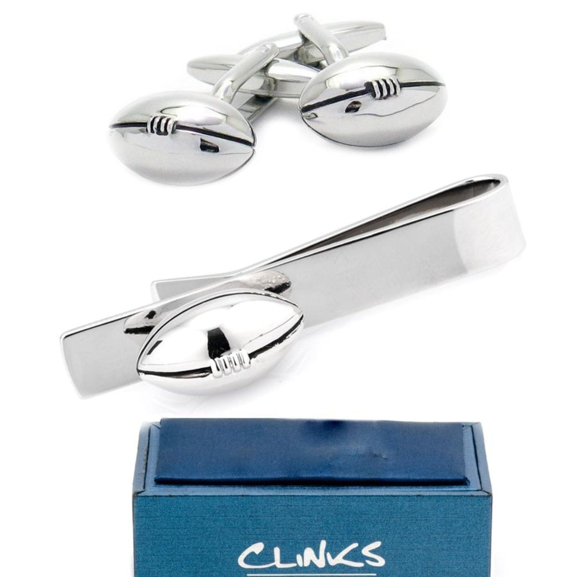 Footy / Rugby Football Silver Cufflinks & Tie Bar Set Gift Set Clinks Australia 