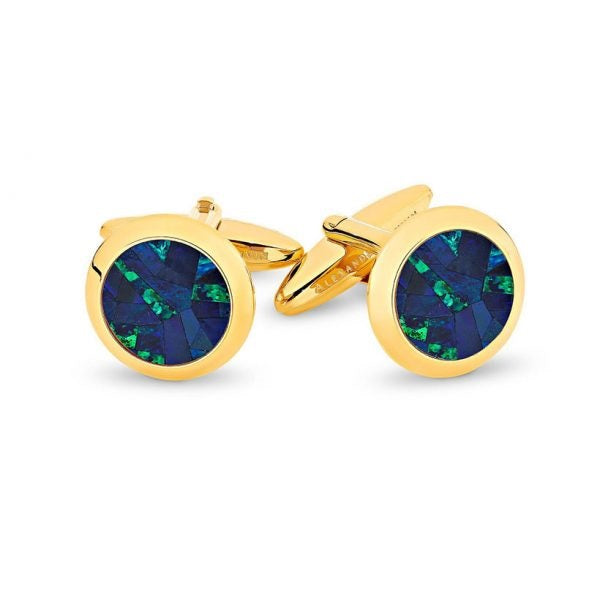 Australian Round Opal Cufflinks (Blue Yellow Gold)