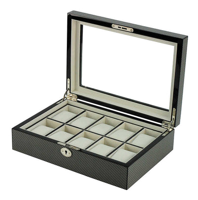 Carbon Fibre Wooden Watch Box, 10 Watch Box, Cuffed Watch Box, Clinks Australia Watch Box, Carbon Fibre Watch Boxes on Cuffed, Australia Watch Box, Watch Storage Box, Watch Display Box, 10 Slots Watch Box, Watch Boxes for 10, Wooden Watch Box, Carbon Fibre, Watch Boxes, CB5055, Clinks.com