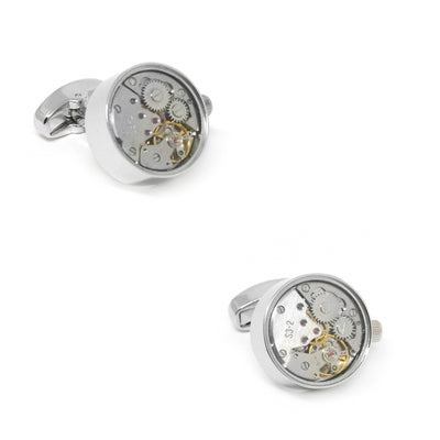 Working Watch Movement Steampunk Cufflinks Silver