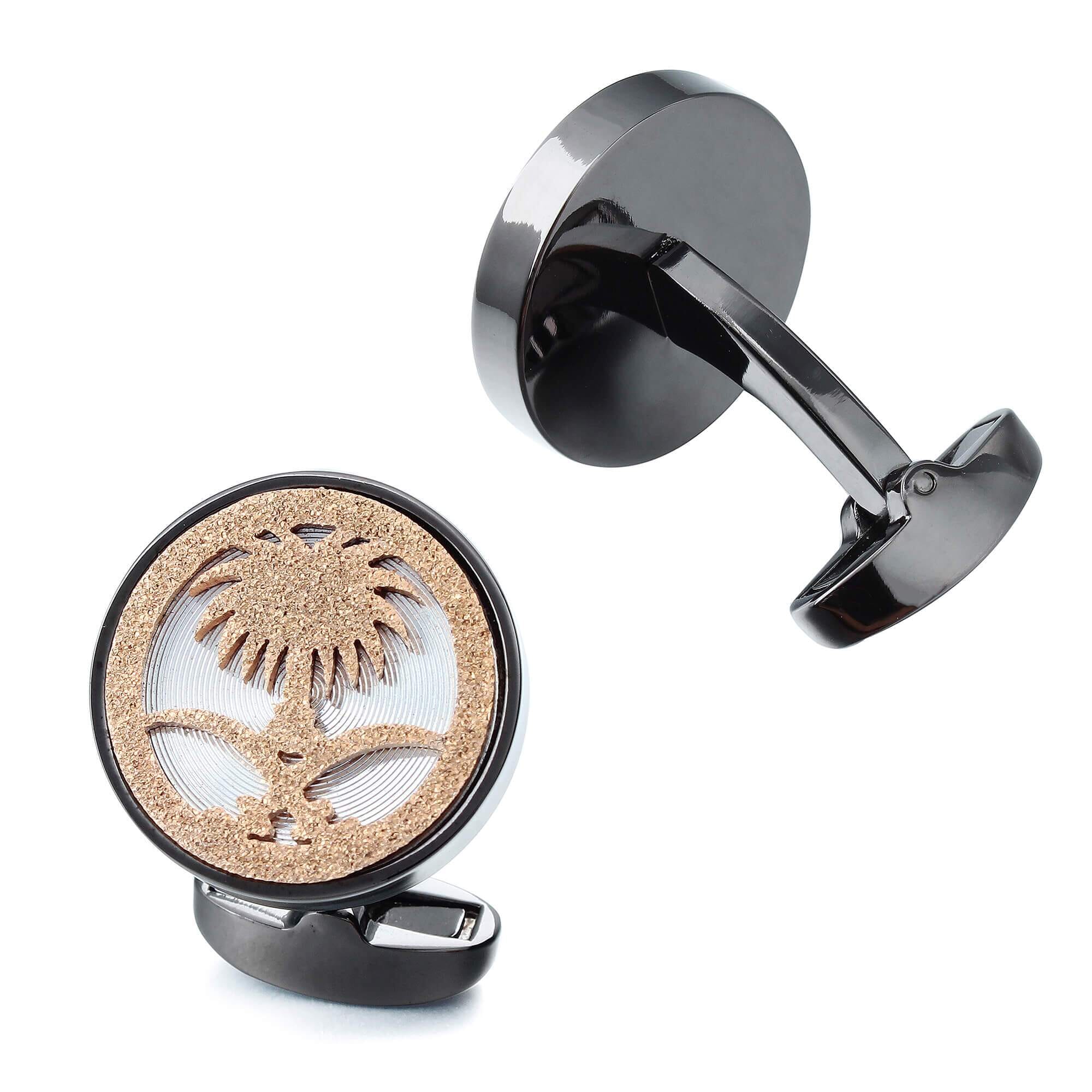 Emblem of Saudi Arabia In Rose Gold on Mother of Pearl / Gunmetal Backing Classic & Modern Cufflinks Clinks Australia 
