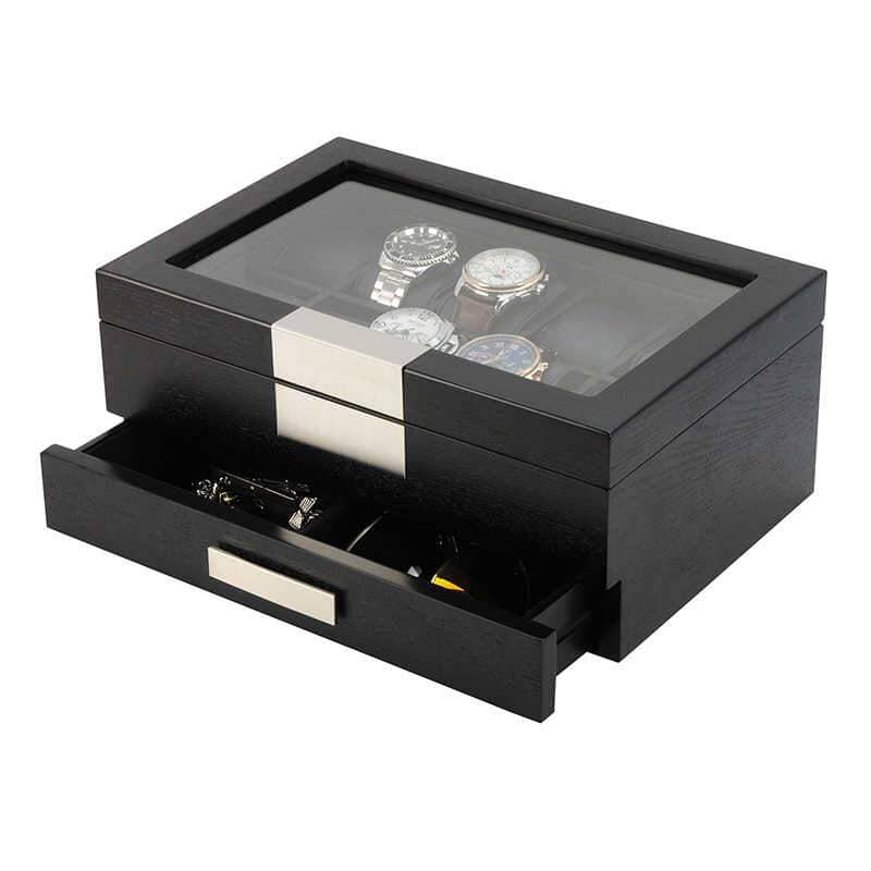 Black Wooden Watch Box for 10 Watches with a Drawer Watch Boxes Clinks 