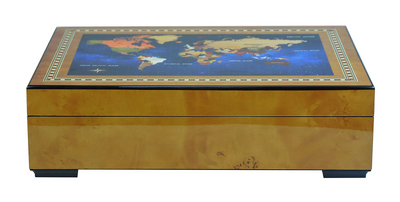 World Map Burl Wooden Watch Box for 6 Watches + Jewellery
