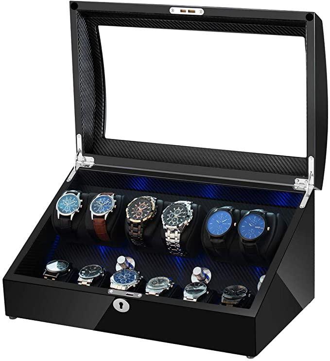 Black Watch Winder Box, 6 + 6 Watches Winder, Cuffed Watch Watch Winder, Clinks Australia Watch Winder Box, Black Watch Winder Box on Cuffed, Australia Watch Winder Box, Watch Winder Storage Box, Watch Winder Display Box, Watch Winder Box for 6 + 6, Watch Winder Box, Carbon Fibre Interior, Black, Carbon Fibre Interior, CW0602, Clinks.com