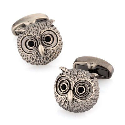Silver Textured Owl Head Cufflinks with Black Crystal Eyes