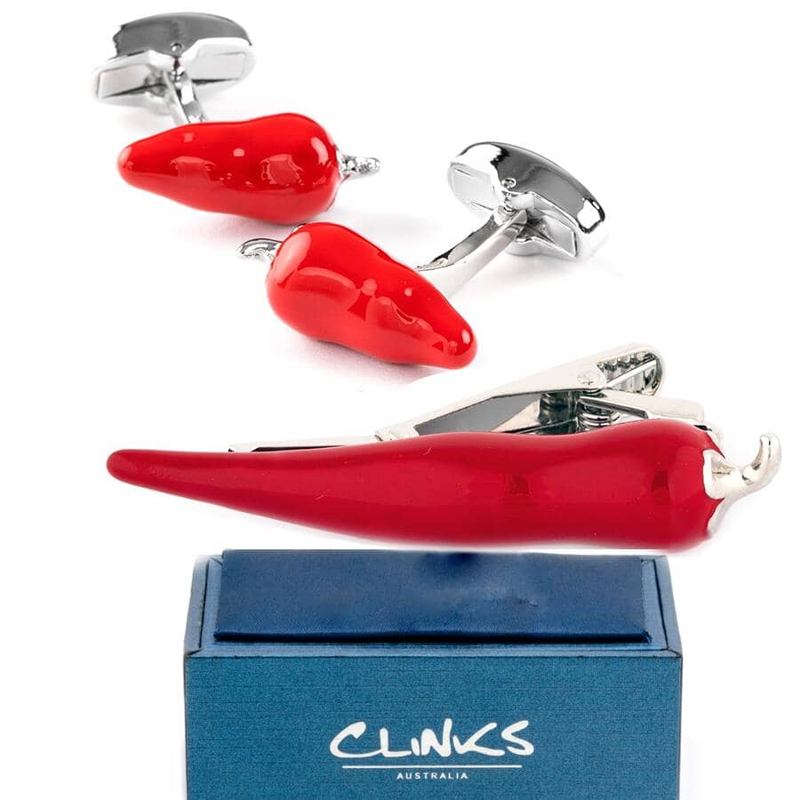 Chilli Pepper Red Cufflinks & Tie Clip Set Gift Set Clinks Australia 