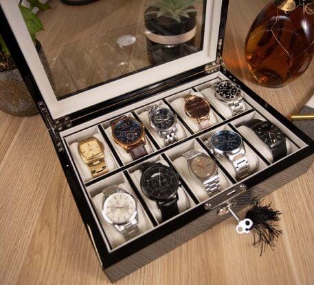 Carbon Fibre Wooden Watch Box for 10 Watches Watch Boxes Clinks 