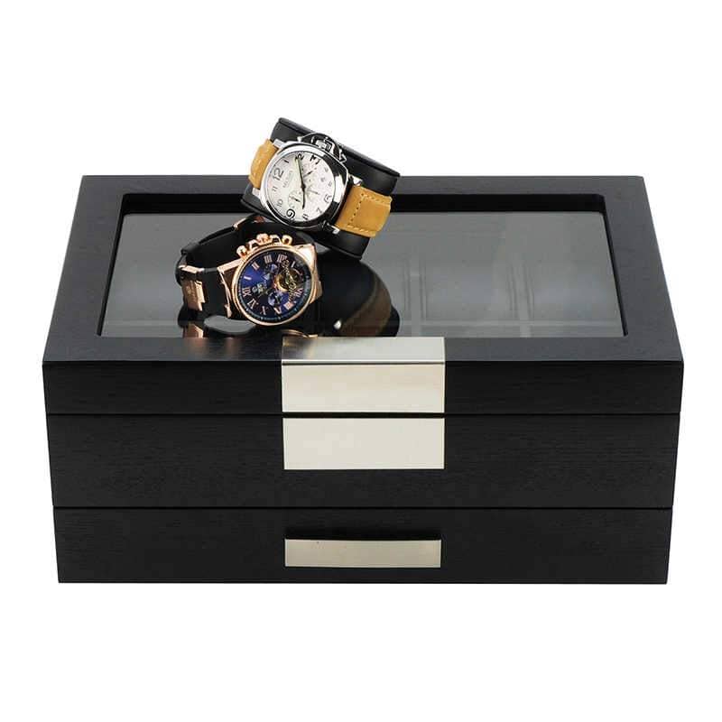 Black Wooden Watch Box for 10 Watches with a Drawer Watch Boxes Clinks 