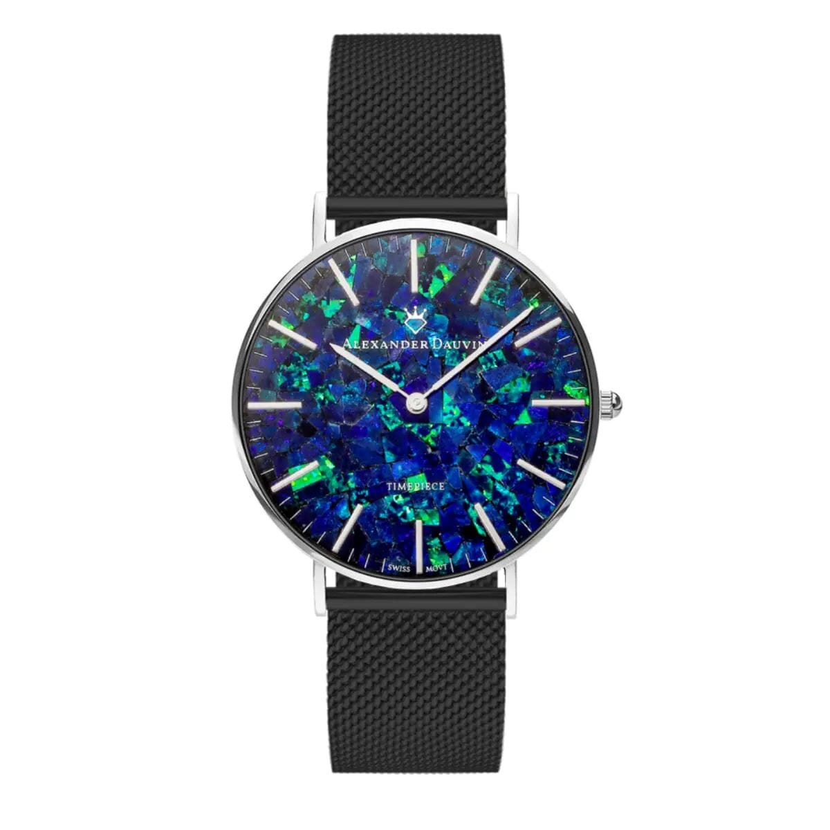 Classic Cliff Blue Swiss Opal Watch 36MM with Black Mesh Strap Watches Clinks 