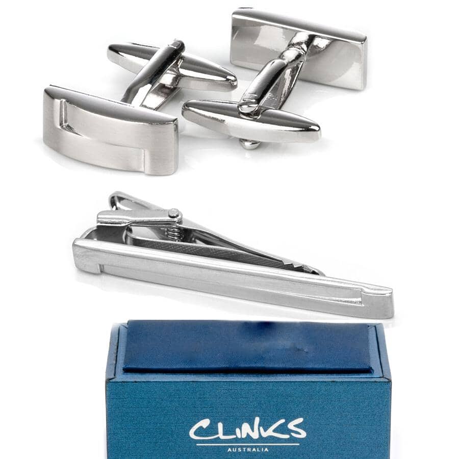 Silver Interlinked Cufflinks & Tie Clip Set Gift Set Clinks Australia 