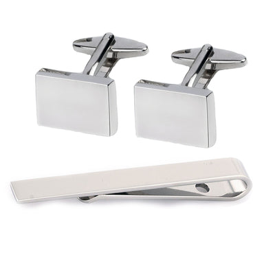 Silver Rectangle Cufflinks & Tie Bar Set