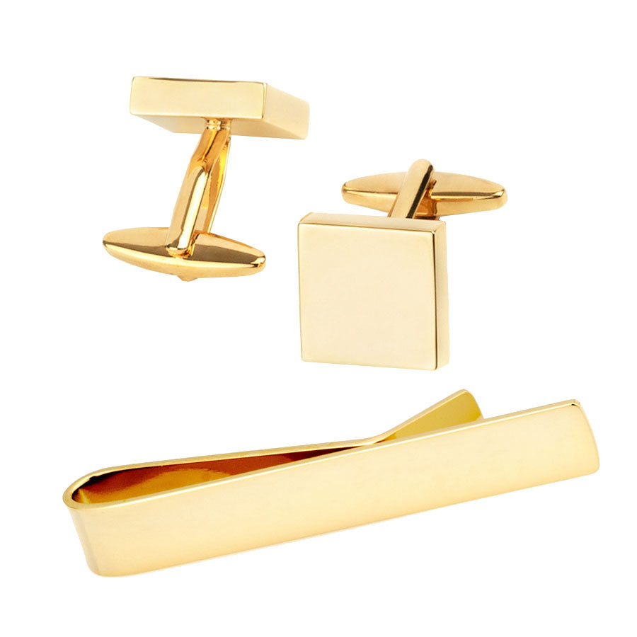 Shiny Square Gold Cufflinks & Tie Bar Set