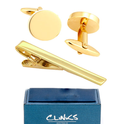 Round Chunky Gold Cufflinks & Tie Clip Set