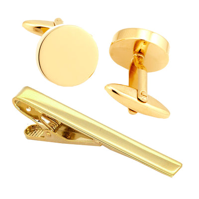 Round Chunky Gold Cufflinks & Tie Clip Set