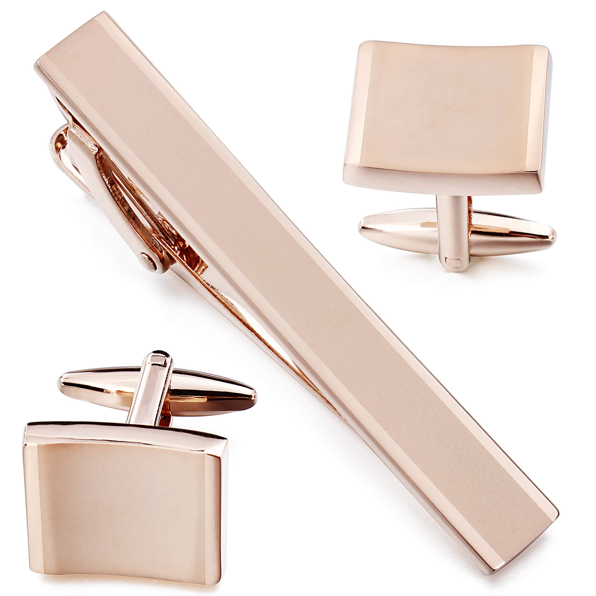 Beveled Rose Gold Cufflink & Tie Clip Set