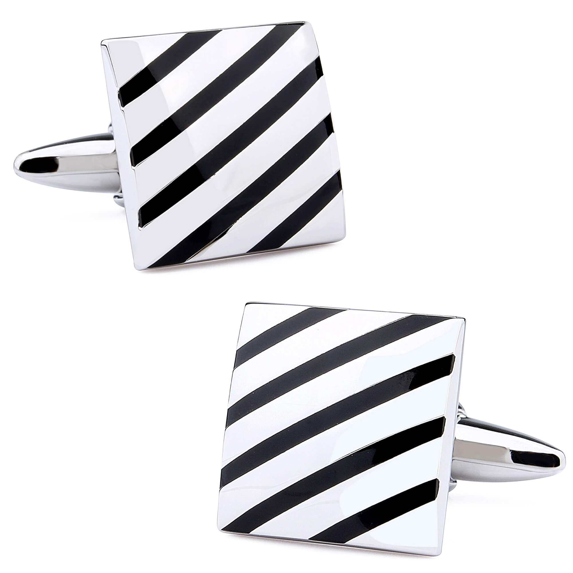Black Diagonal Stripes on silver Cufflinks