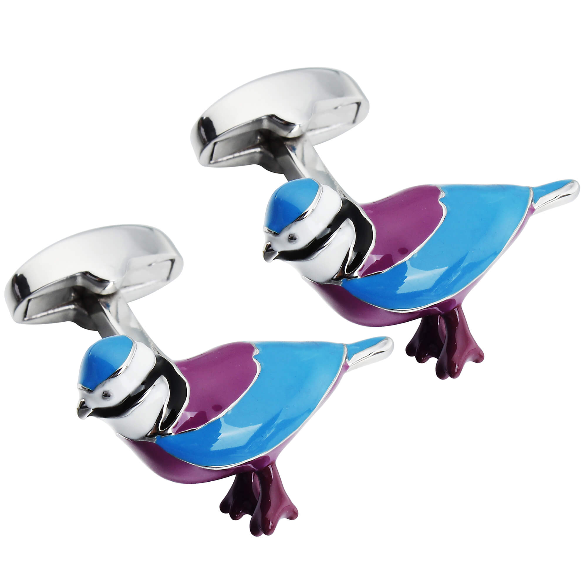 Blue Pink Birds Cufflinks and Stick Pin Set