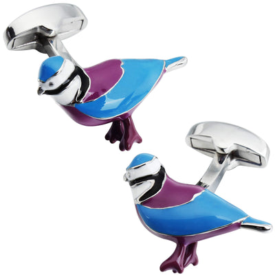 Blue Pink Birds Cufflinks and Stick Pin Set