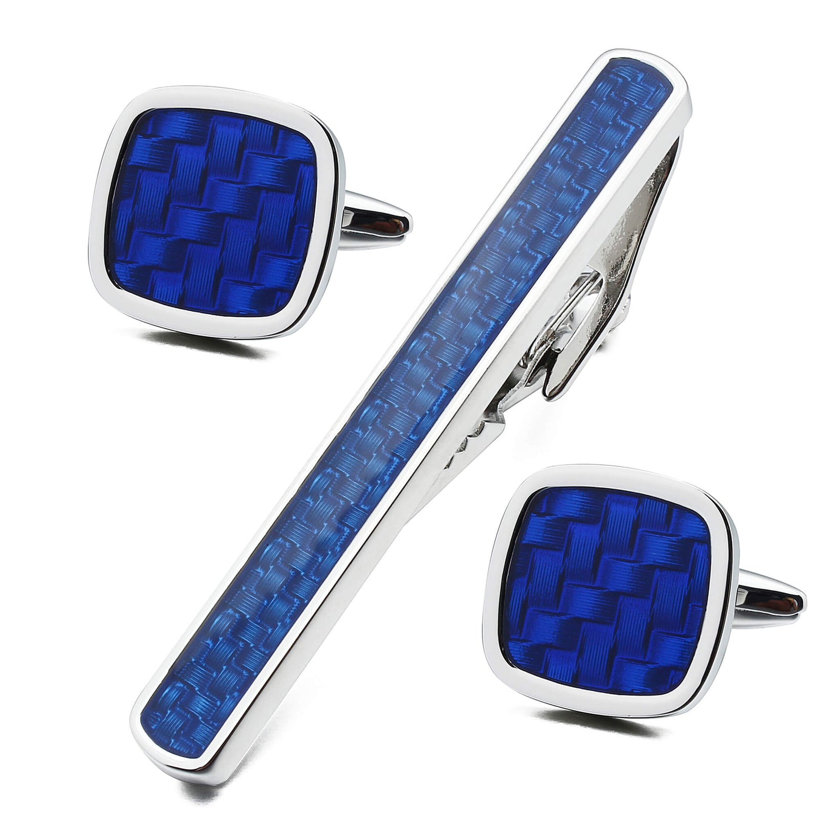 Blue Woven Pattern Cufflink and Tie Clip Set