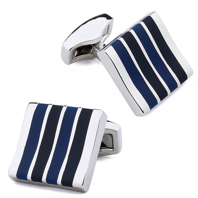 Blue Enamel Stripes Silver Cufflinks