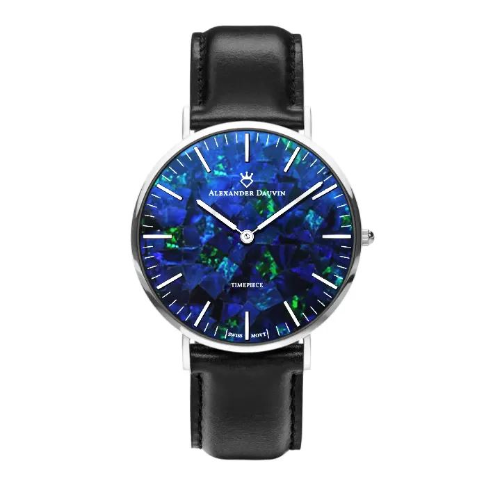 Classic Pedy Blue Swiss Opal Watch 40MM with Black Leather Strap