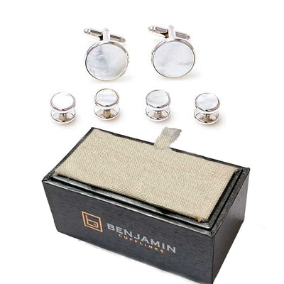 Silver Round Mother of Pearl Cufflinks and Stud Set