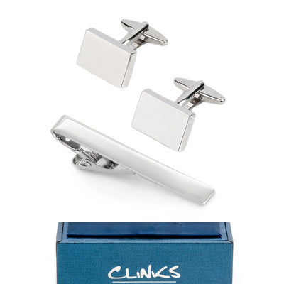 Silver Rectangle Engravable Cufflinks & Tie Clip Set