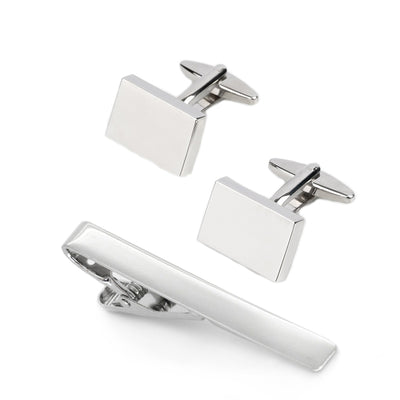 Silver Rectangle Engravable Cufflinks & Tie Clip Set