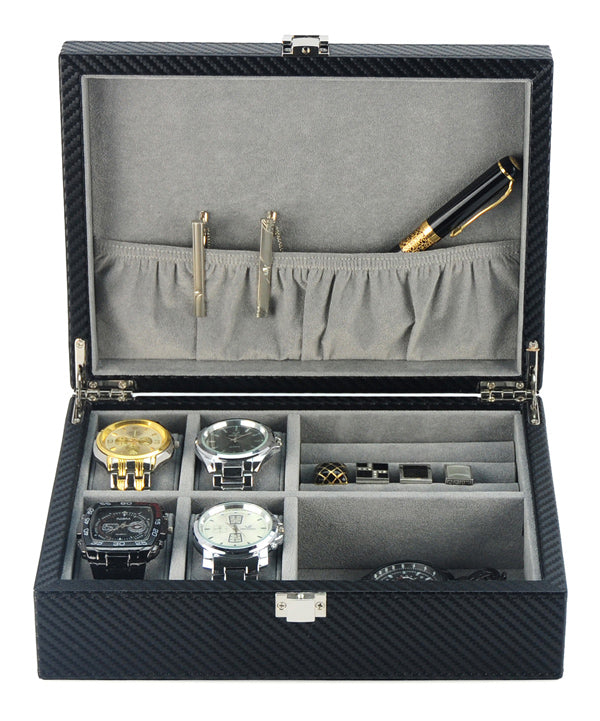 Carbon Fibre Cufflink Watch Box, Watch Boxes, Watch Box, Storage Boxes, Carbon Fibre, Leather, CB5077, Clinks.com