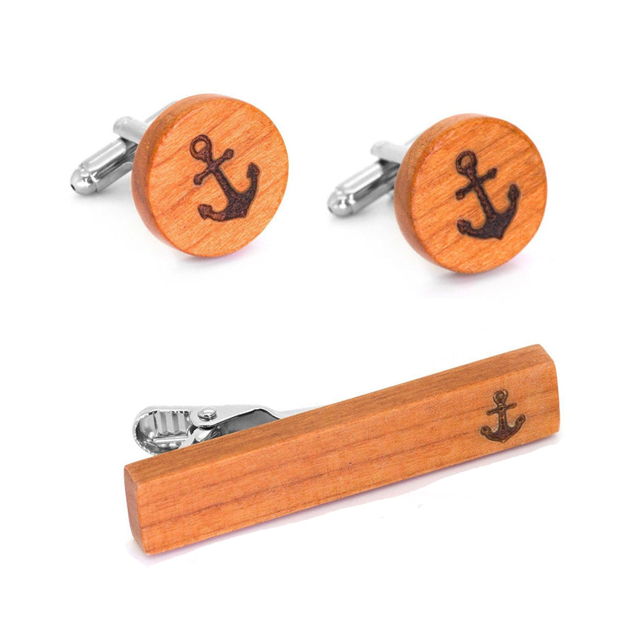 Brown Wood Anchor Cufflinks & Tie Clip Set