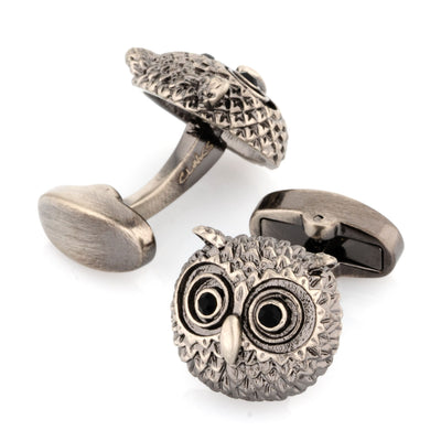 Silver Textured Owl Head Cufflinks with Black Crystal Eyes