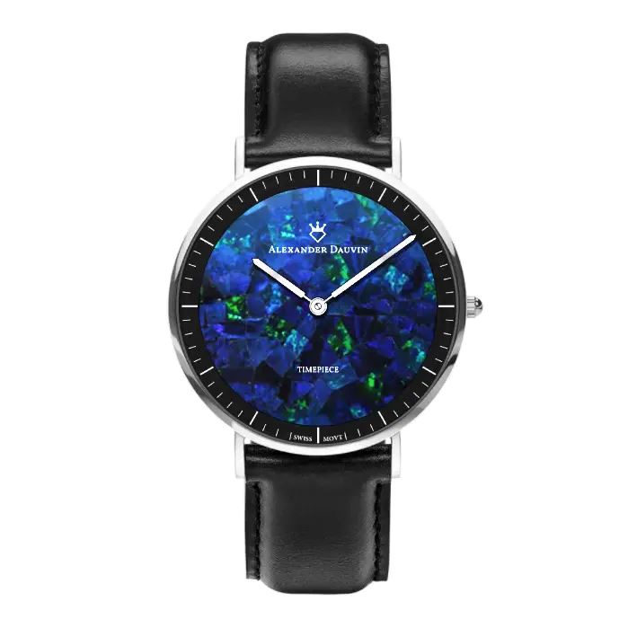 Roland Pedy Blue Swiss Opal Watch 40MM with Black Leather Strap