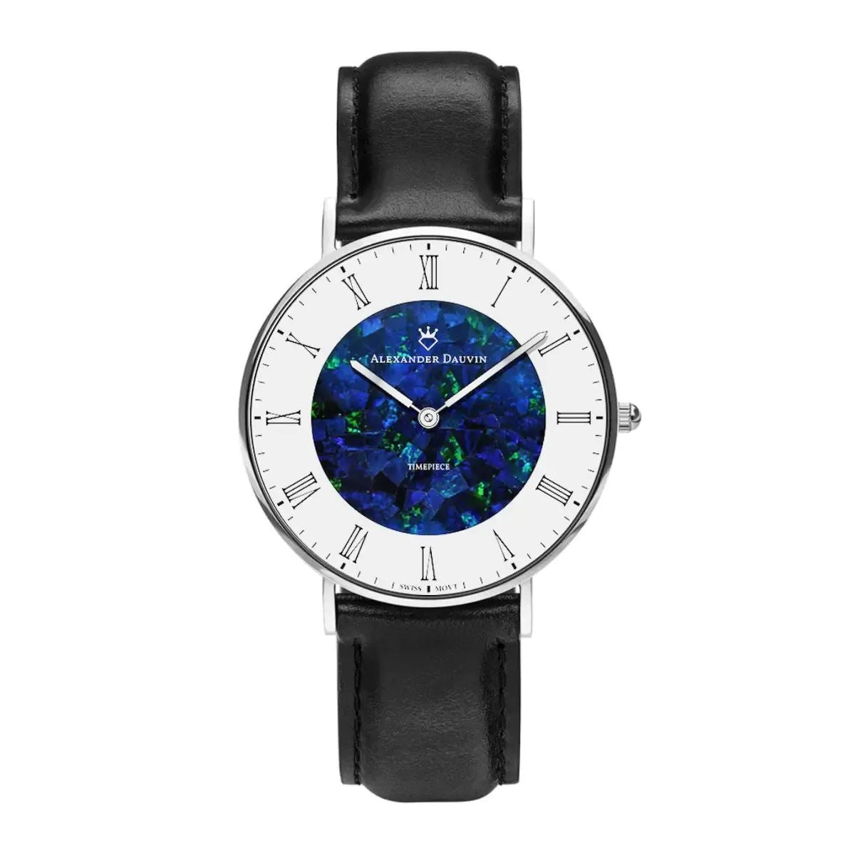 Romano Pedy Blue Swiss Opal Watch 36MM with Black Leather Strap