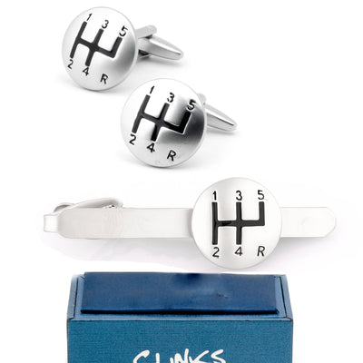 Silver Gear Shift Cufflinks & Tie Clip Set