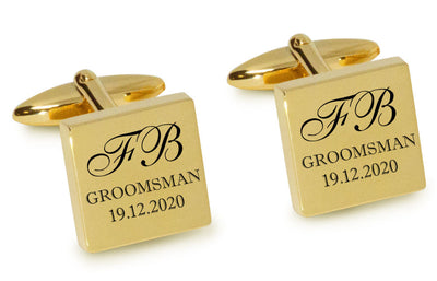 Initials with Wedding Role + Date Engraved Cufflinks, Engraved Cufflinks, Engraving Cuffllinks, Gold Black Engraved, Cufflinks, Wedding Engraved Cufflinks, Initials Engraved Cufflinks, Wedding Role Engraved, Date Engraved, Groomsmen Cufflinks, EC1106-IWRD-GB, Clinks.com