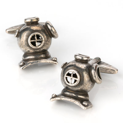 Scuba Diving Helmet Antique Silver Cufflinks