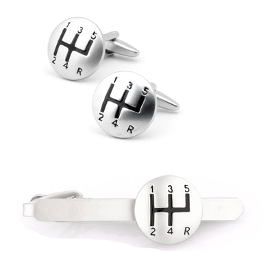 Silver Gear Shift Cufflinks & Tie Clip Set