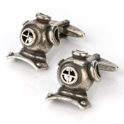 Scuba Diving Helmet Antique Silver Cufflinks