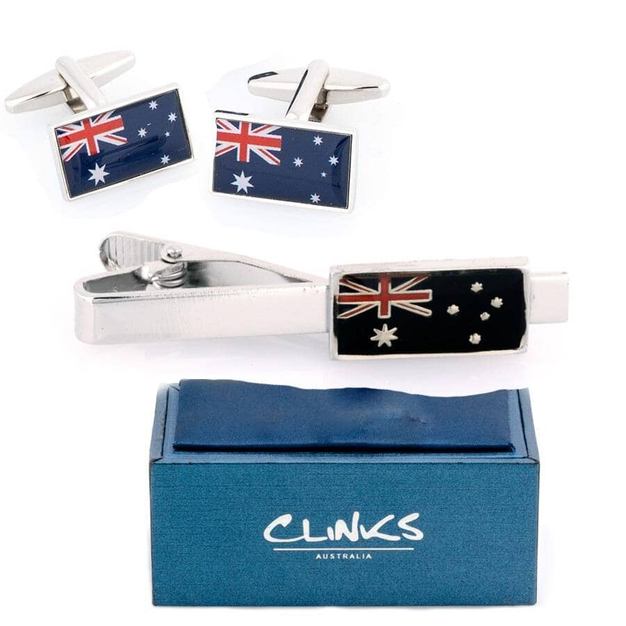 Australian Flag Cufflinks & Tie Clip Set Gift Set Clinks Australia 