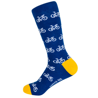 Ride On Bicycle Cycling Bamboo Socks by Dapper Roo, Bicycle Cycling Socks, Dapper Roo, Socks, Blue, Yellow, White, Bamboo, Elastane, Nylon, Elastic, SK2004, Men's Socks, Socks for Men, Clinks.com