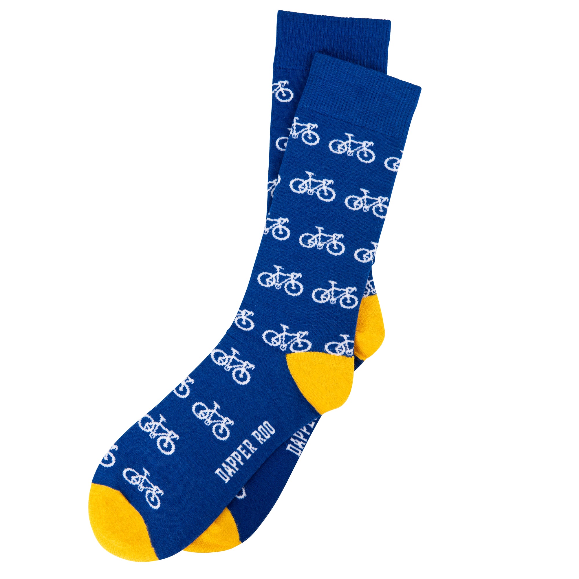 Ride On Bicycle Cycling Bamboo Socks by Dapper Roo, Bicycle Cycling Socks, Dapper Roo, Socks, Blue, Yellow, White, Bamboo, Elastane, Nylon, Elastic, SK2004, Men's Socks, Socks for Men, Clinks.com