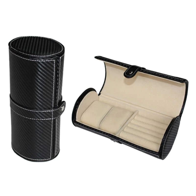 Cufflinks and Watch Roll Case in Black Carbon Fibre Vegan Leather Watch Boxes Clinks 
