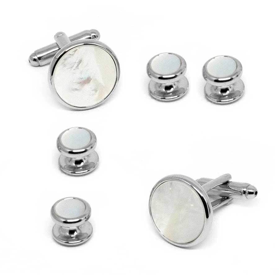 Silver Round Mother of Pearl Cufflinks and Stud Set Stud Sets Clinks Australia 