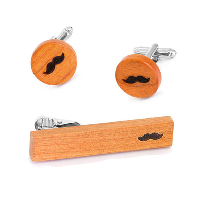 Wood Moustache Cufflinks & Tie Clip Set