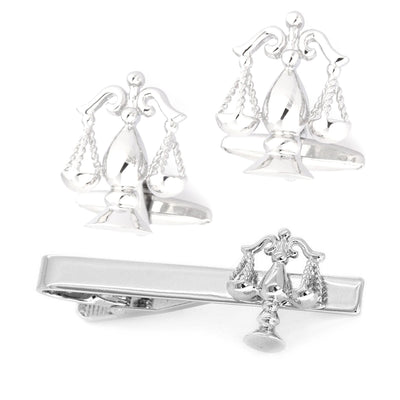 Scales of Justice Silver Cufflinks & Tie Clip Set